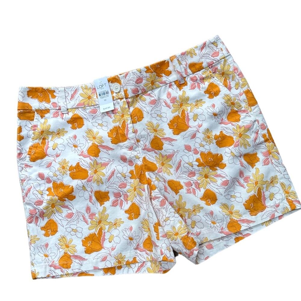 NWT Loft Orange and White Floral Shorts Size 10 6”Short Mid Rise 49.99